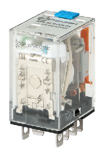 Миниатюрное силовое реле; 2 перекидных контакта 10А (= 24В DC) блокируемая кнопка проверки + светодиод